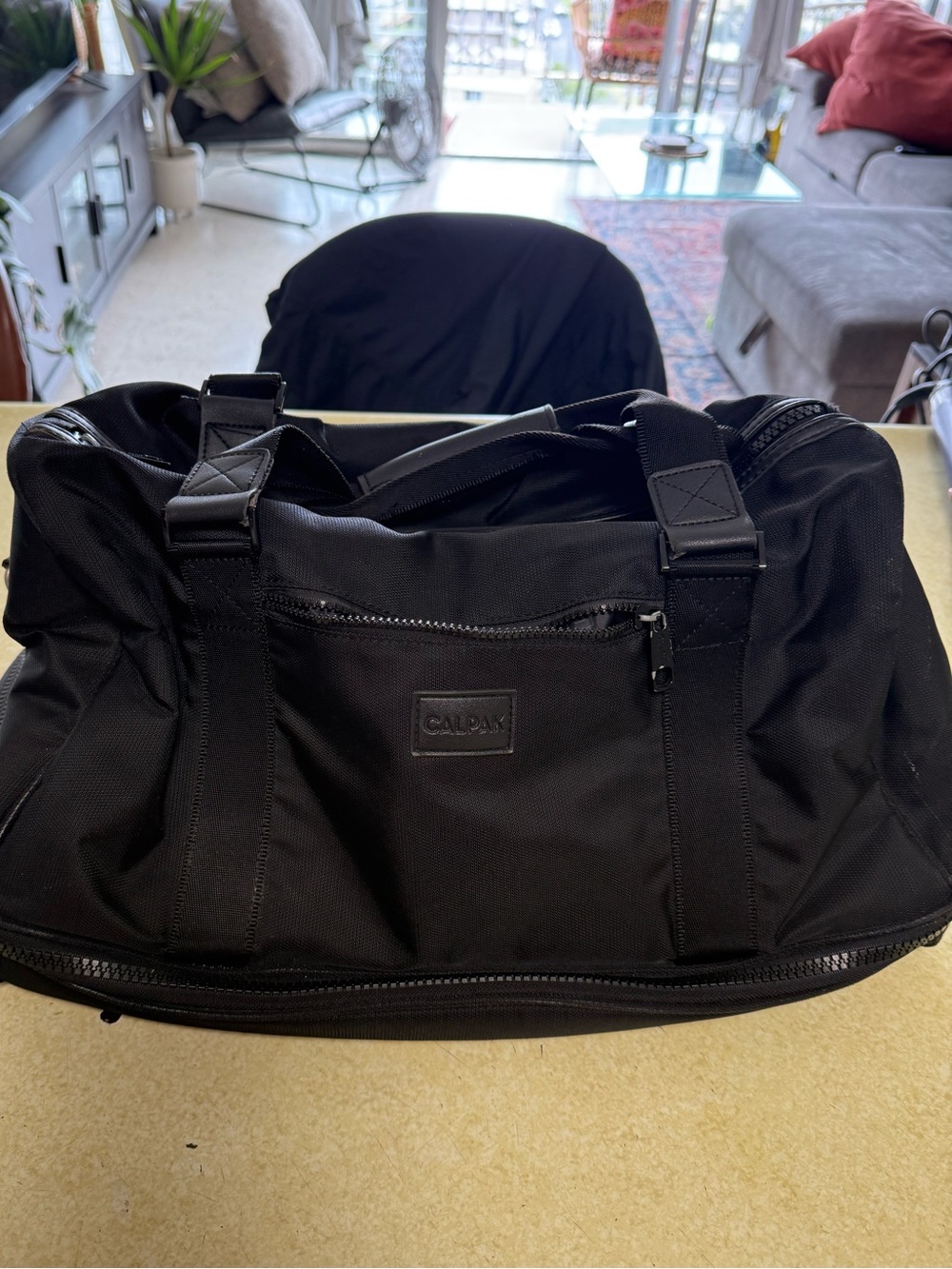 Calpak Black Men's Travel Duffel Bag with Front Zip Pocket